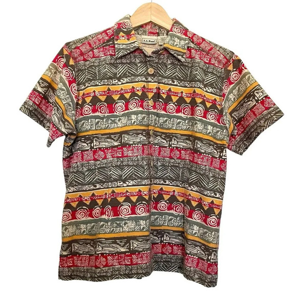 Vintage L.L. Bean Aztec Button Front Shirt Size Medium Reg Cotton - Picture 5 of 5